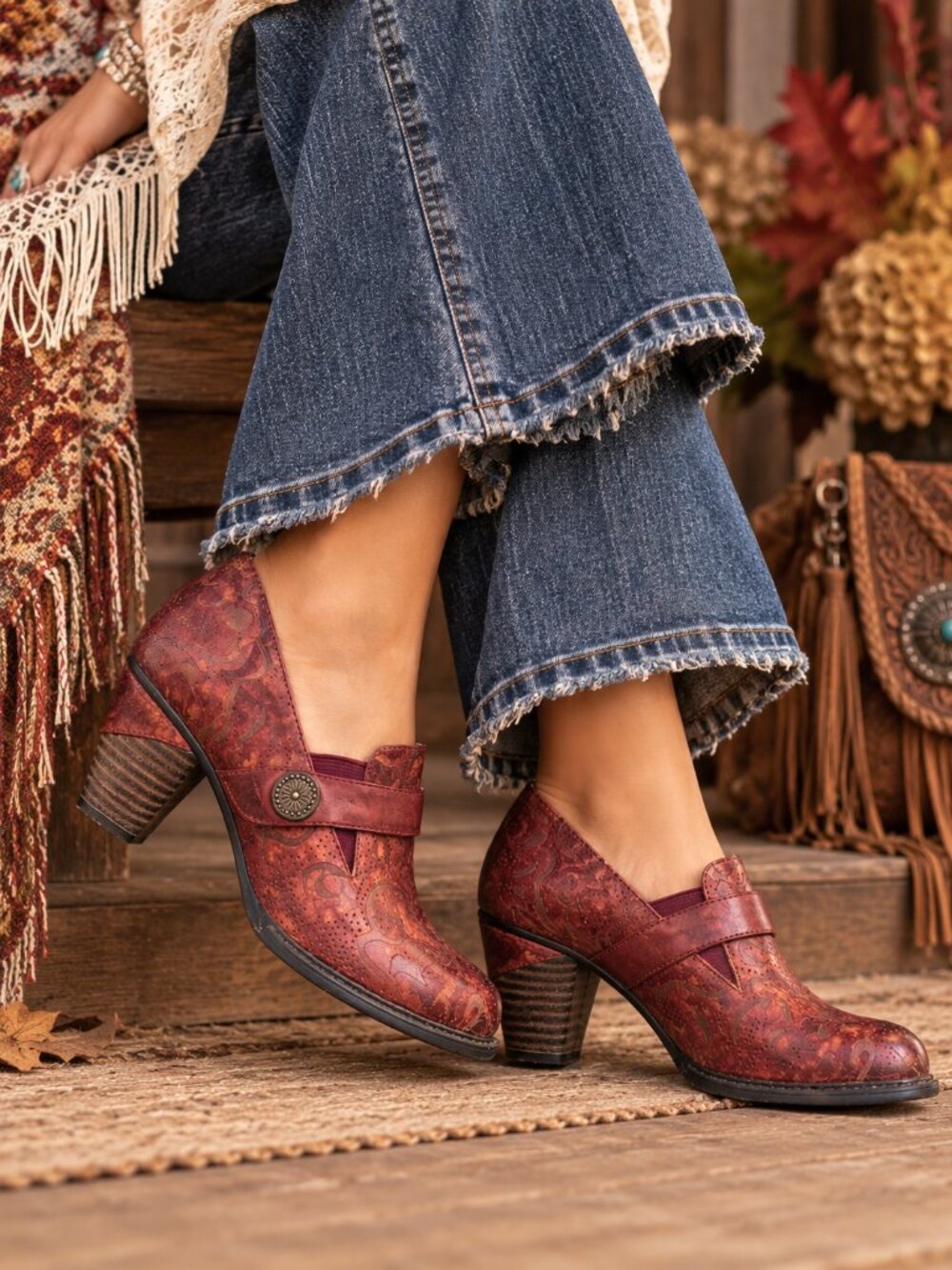 L'Artiste Huekiss Hand Painted Oxblood Leather Loafer Pumps 38 Boho Western EUC